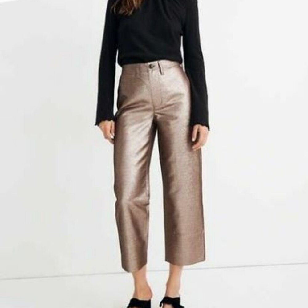 Madewell Slim Emmett Wide Leg Crop Pants Trousers Metallic Rose Gold Holiday 26